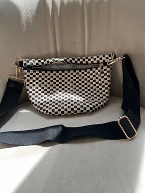 Checkered Canvas Crossbody Bag with Black Strap